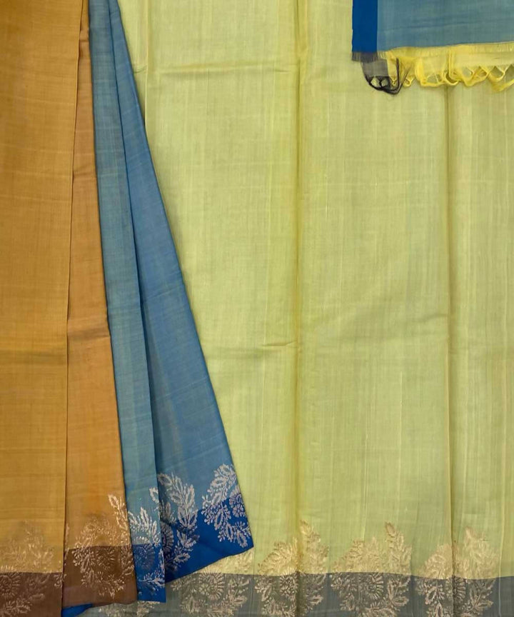 Mustard green handwoven plain tussar silk saree