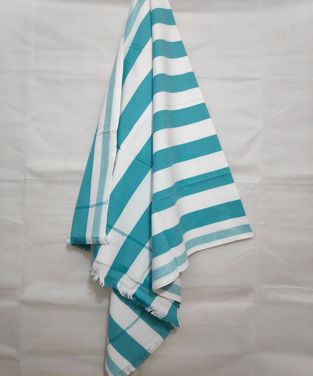 White and cyan handwoven cotton towel