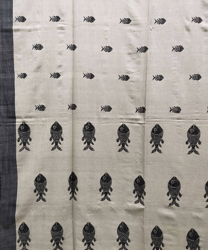 Beige black handwoven cotton handspun saree