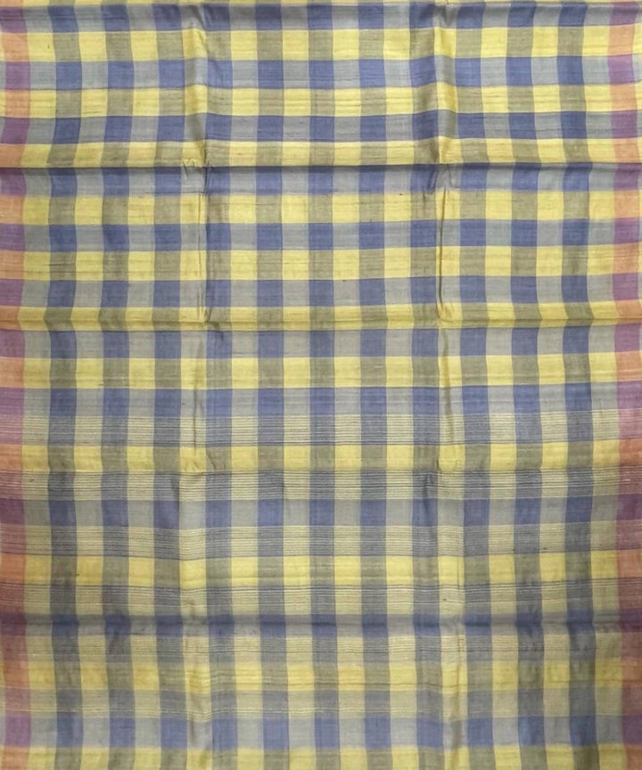Yellow and grey checks natural dye handwoven tussar silk saree