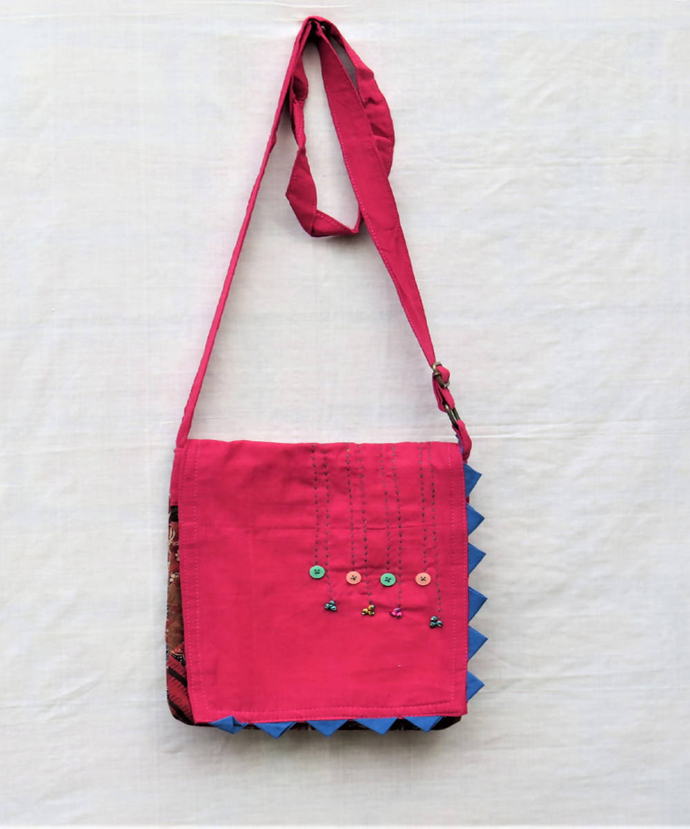 Pink handmade cotton sling bag with thread work