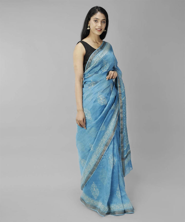 Deep sky blue bagru handblock printed linen saree