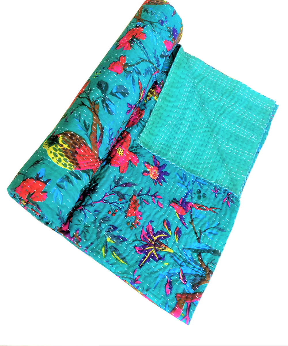 Turquoise kantha work double layered cotton bedcover (Double Bed)