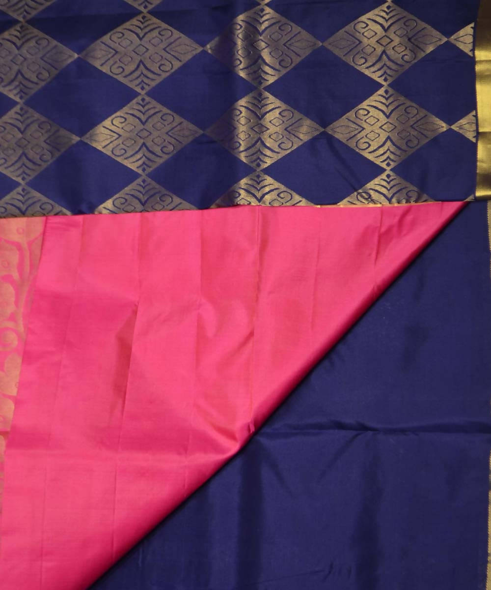 Navy Blue Pink Handloom Brocade Work Soft Silk Saree