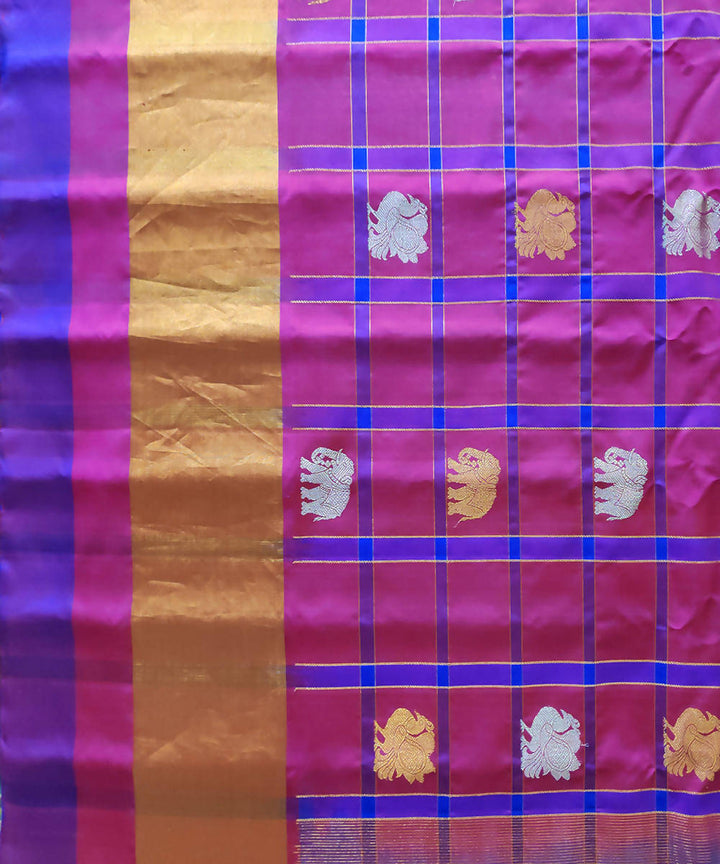 pink blue checks Handwoven Gadwal Butta Work Silk Saree