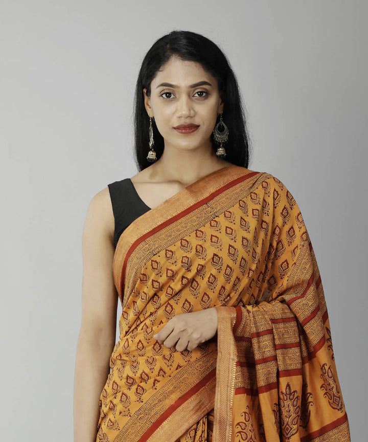 Deep carrot orange bagru handblock printed cotton saree