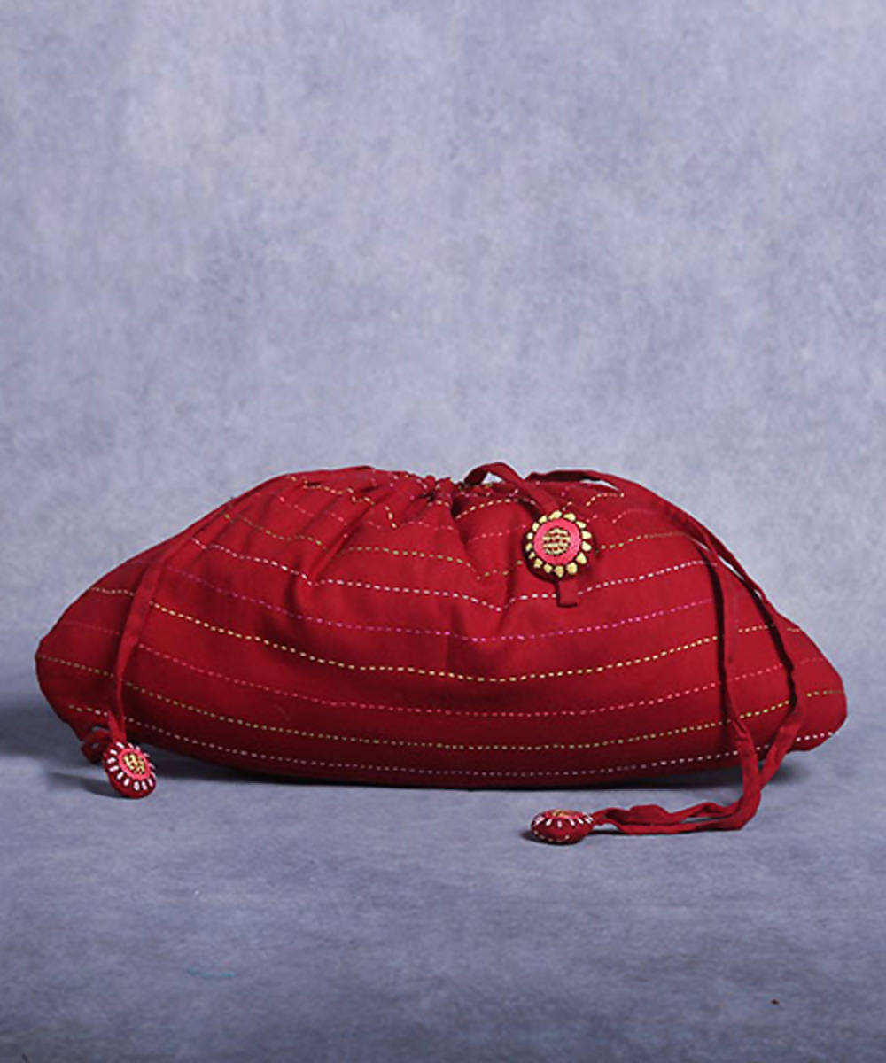 Maroon base hand made kantha stitch cotton batua bag