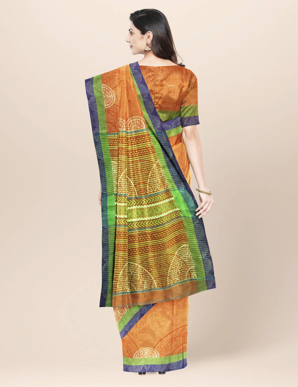 Orange Cotton Handwoven and Hand Block Printed Saree