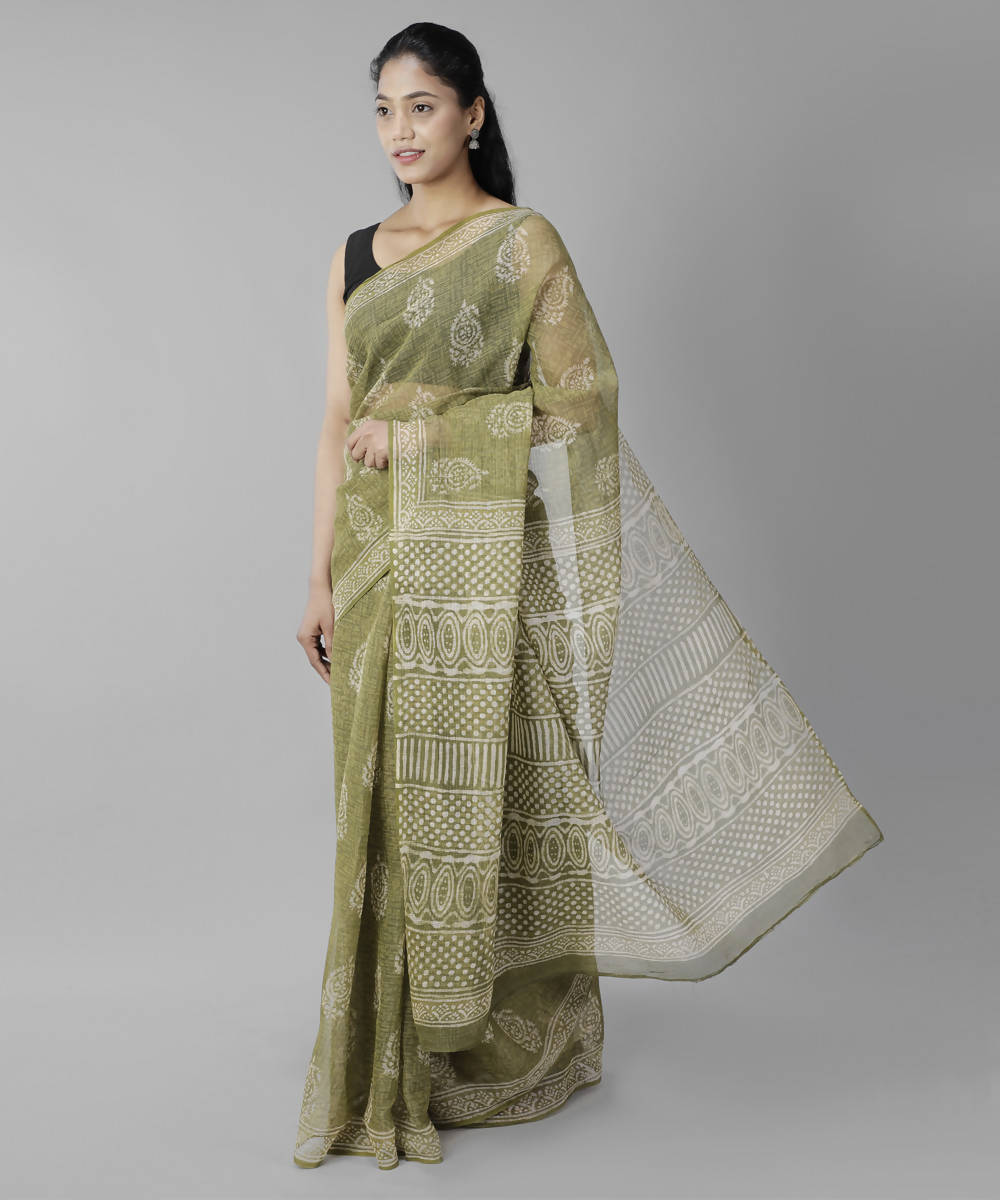Olive green bagru handblock printed cotton saree