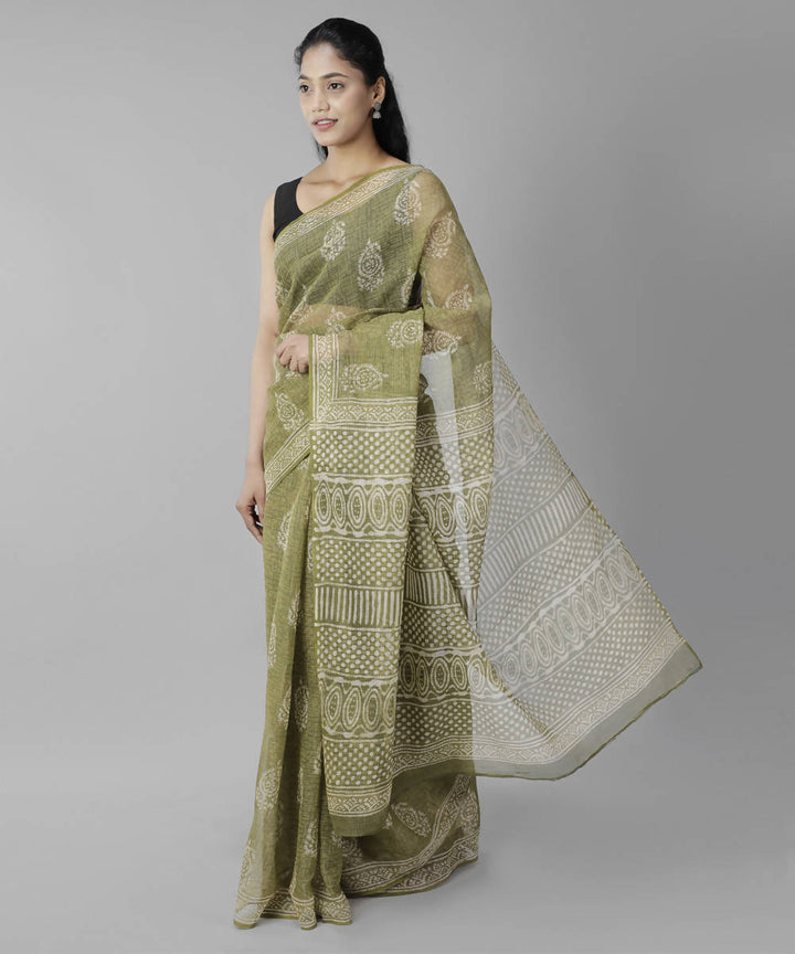 Olive green bagru handblock printed cotton saree