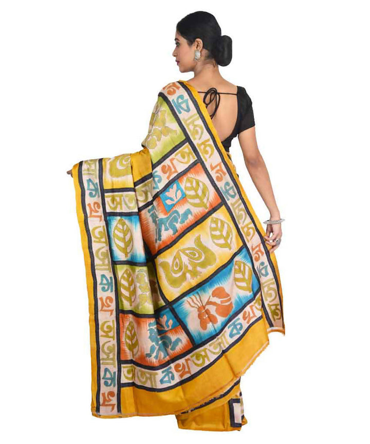 Yellow bengal hand embroidered tussar silk saree