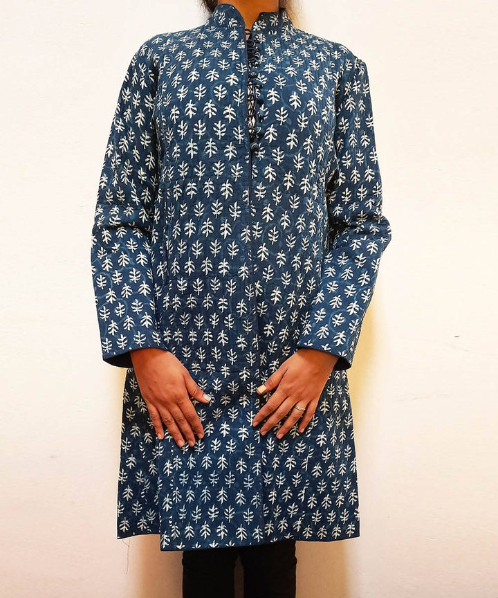 Indigo blue handblock printed cotton quilted long jacket