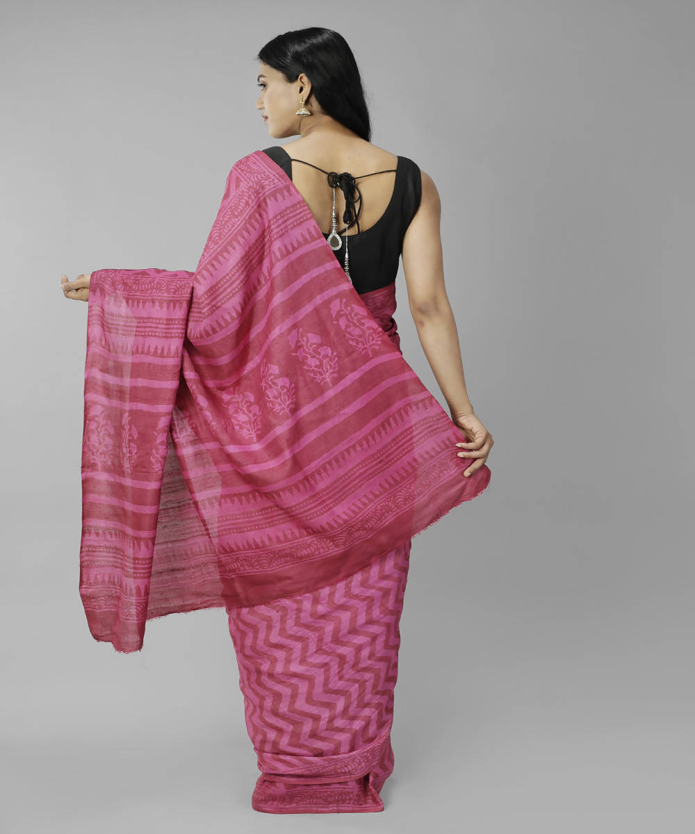 Dark pink bagru handblock printed tussar silk saree