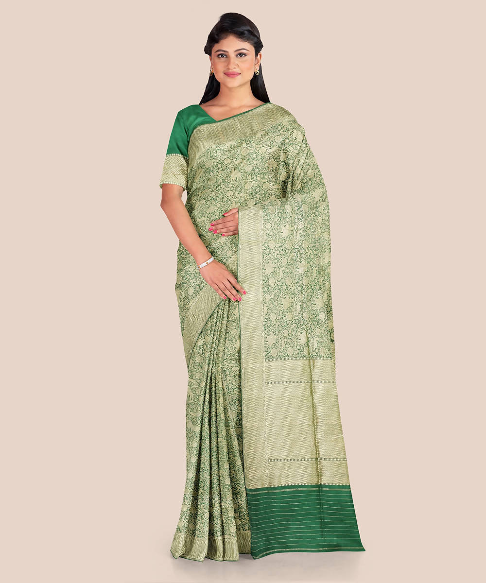 Bottle green beige handloom silk katan banarasi saree