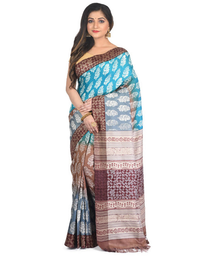 Sky blue handblock printed eri silk saree