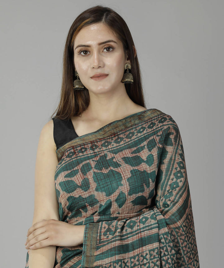 Dark sea green bagru handblock printed cotton silk saree