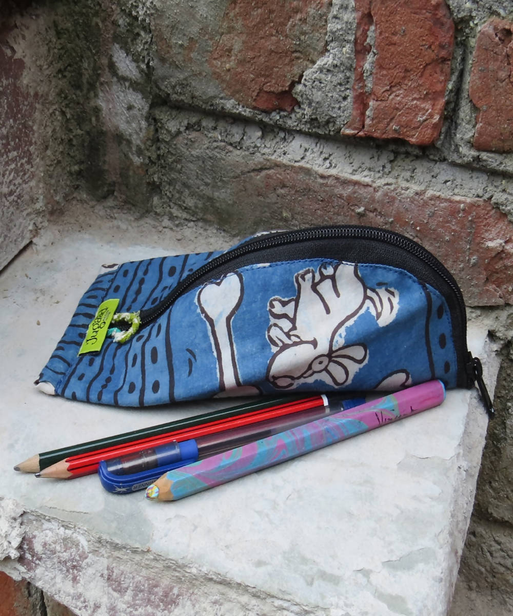 Blue cotton handmade katran pencil pouch