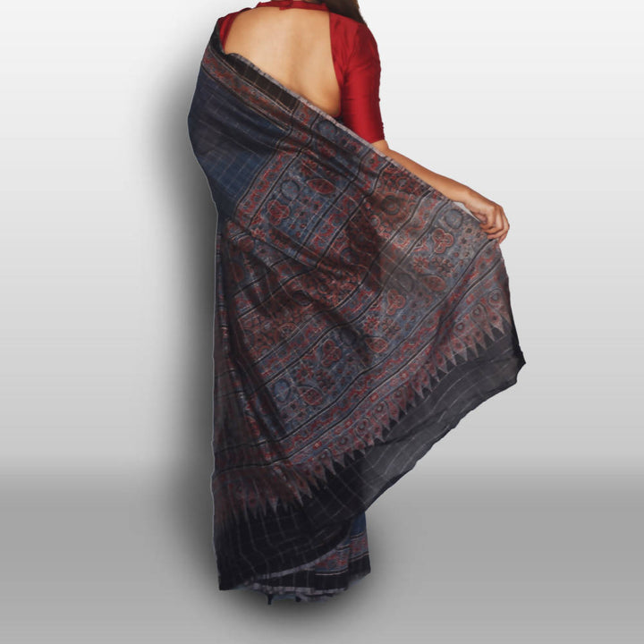 Indigo ajrakh saree on chanderi silver checks