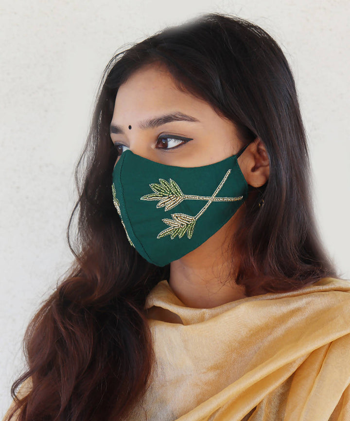 Green festive hand embroidery face mask