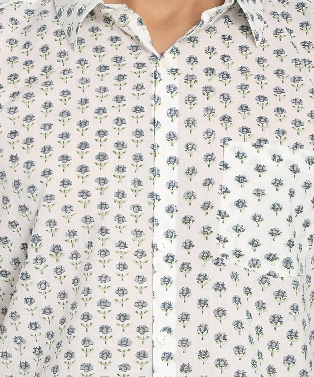 Handloom white cotton half sleeves printed shirt
