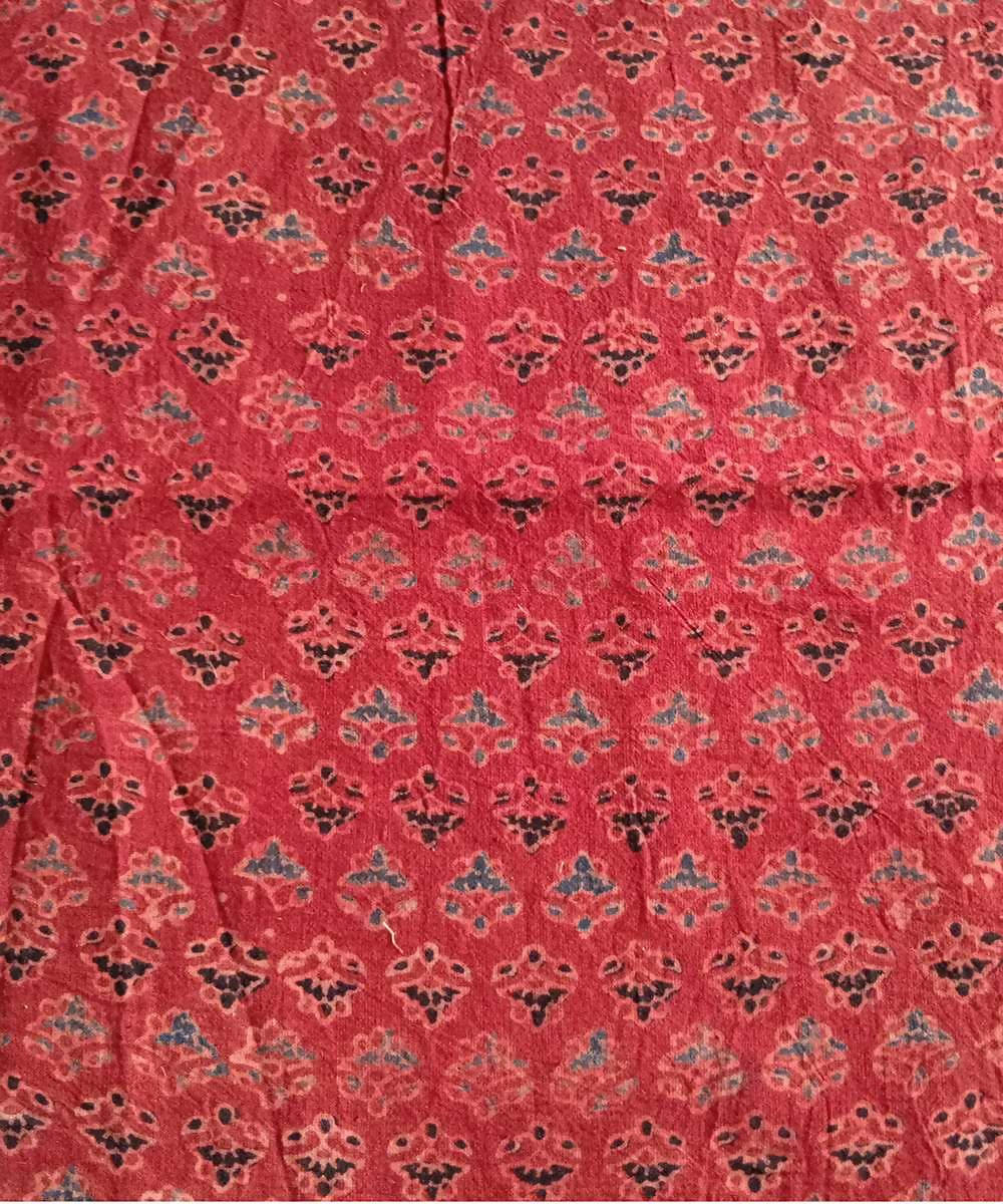 Red natural dye ajrakh block printed handspun handloom cotton fabric