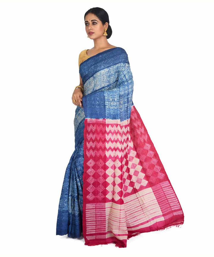 Blue and pink shibori handwoven tussar silk saree