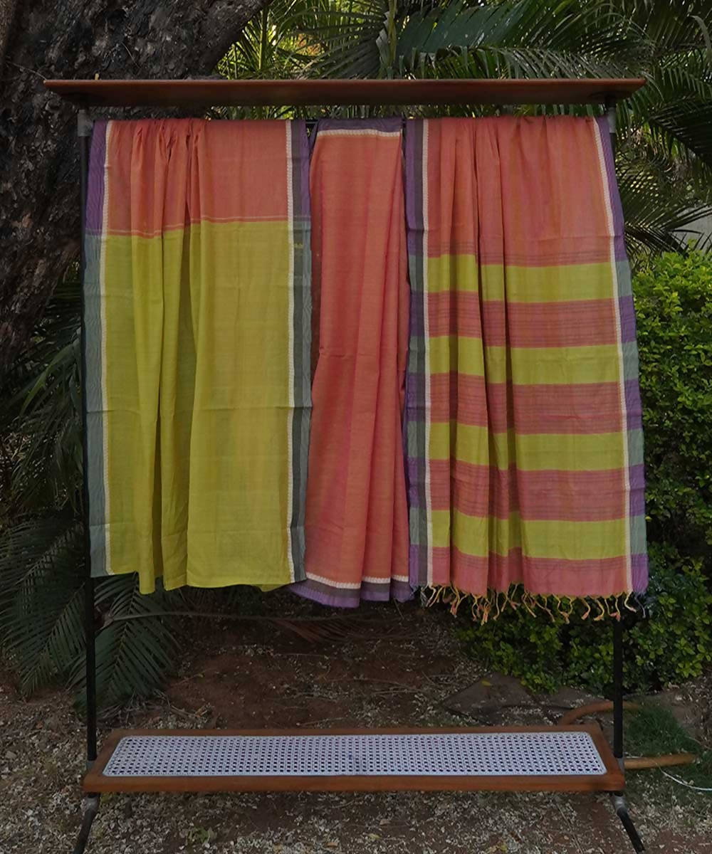 Light orange and Yellow Cotton Handwoven mangalagiri saree