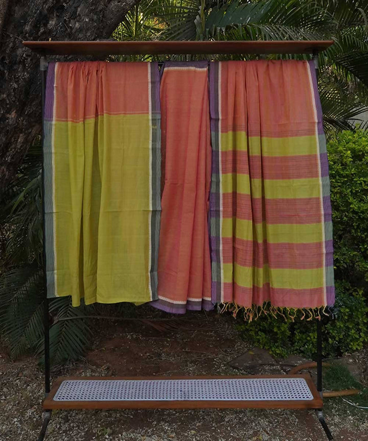 Light orange and Yellow Cotton Handwoven mangalagiri saree