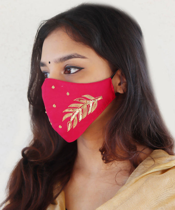 Pink festive hand embroidery face mask