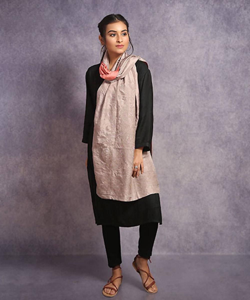 Gray coral hand embroidery reversible silk stole