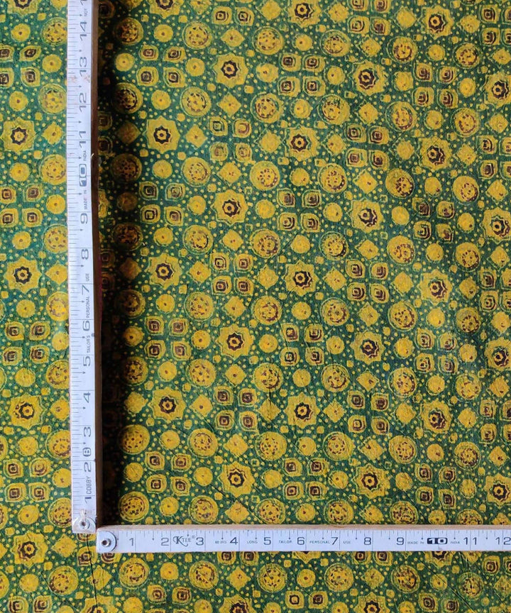 Green yellow natural dye ajrakh print handspun handwoven cotton kurta fabric (2.5m per qty)