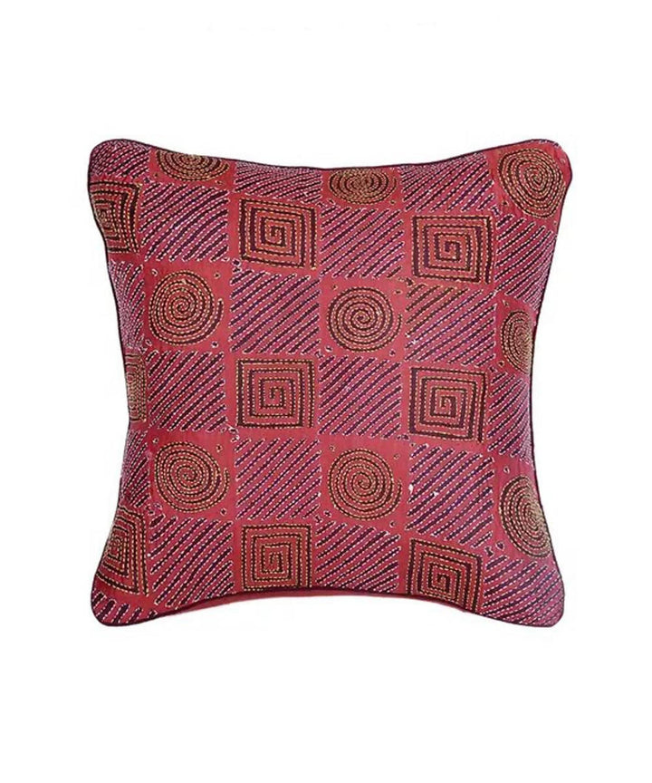 Kantha stitch hand embroidery red tussar silk cushion cover