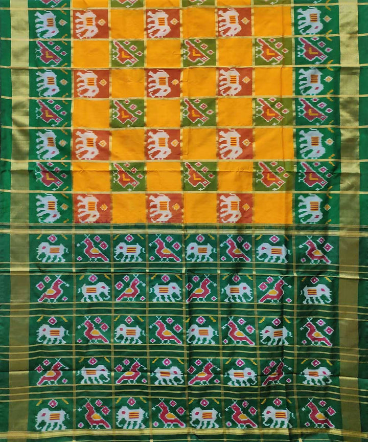 Green and yellow checks handwoven ikkat silk pochampally saree