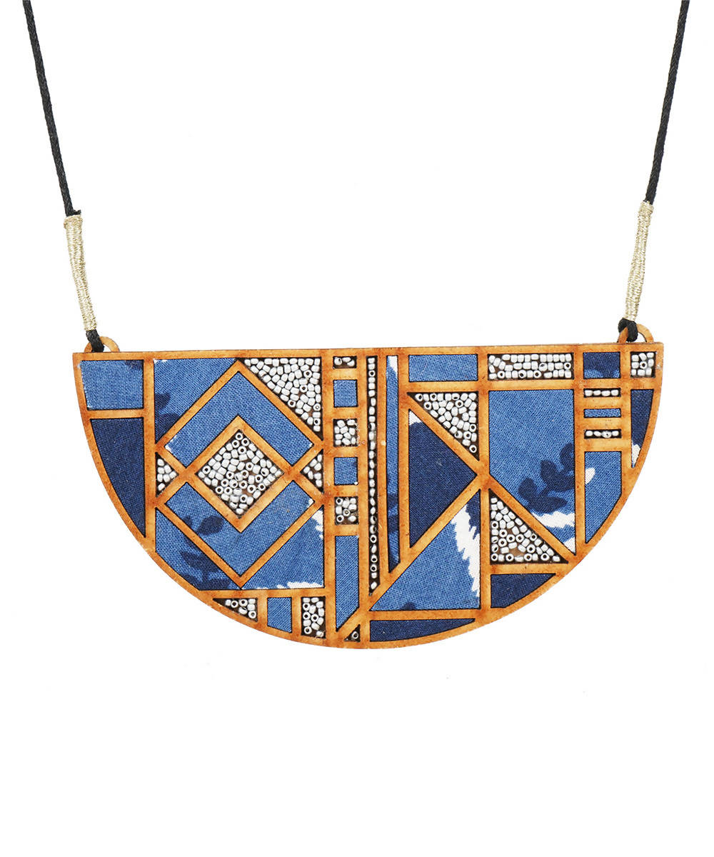 Blue printed fabric and mdf maze necklace