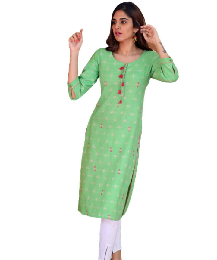 Light green cotton ikat kurti with tassels