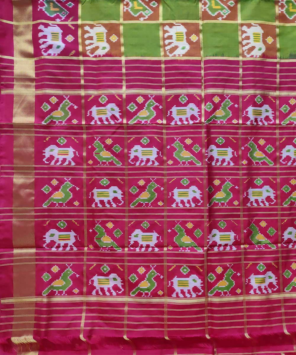 Red with green handwoven ikkat silk pochampally saree