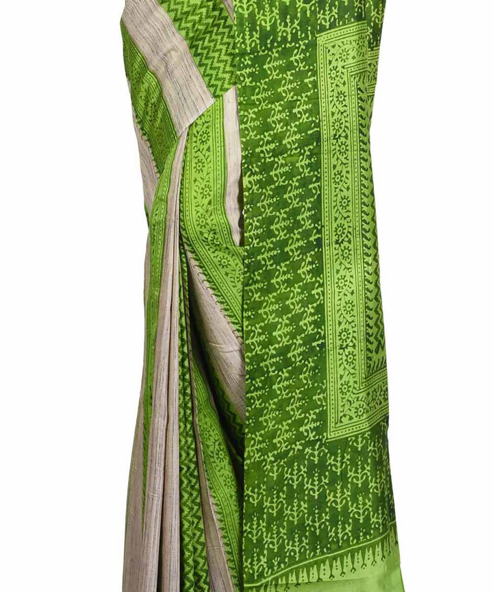 Green block printed handloom mulberry silk with tussar stripe saree
