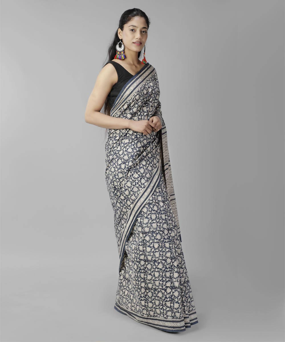 Dark grey bagru handblock printed cotton saree