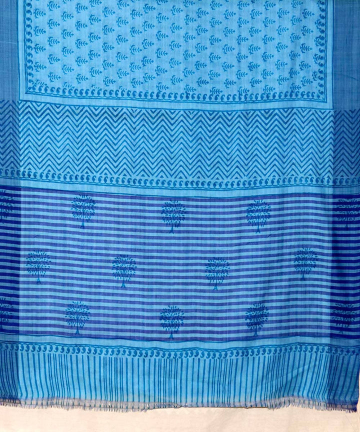 Blue handblock printed cotton saree