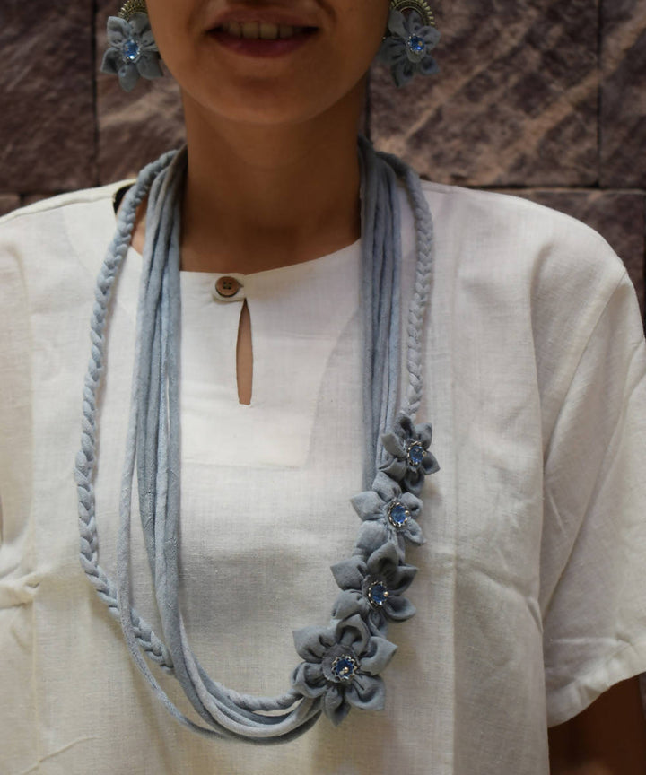 Cyan blue and grey mala handmade cotton brass necklace