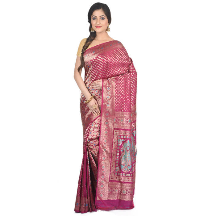 Magenta handwoven swarnachari silk saree