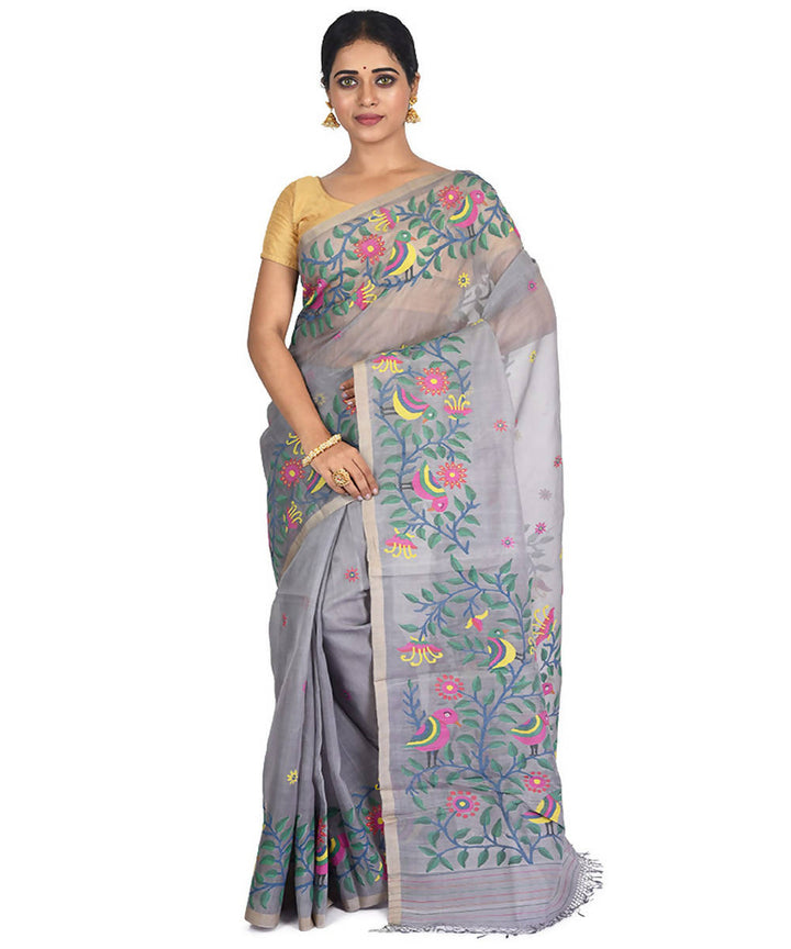 Steel grey bengal handloom mulberry silk jamdani saree