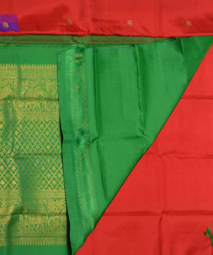 Tomato Red Green Handloom Meenakari Butta Work Dharmavaram Silk Saree