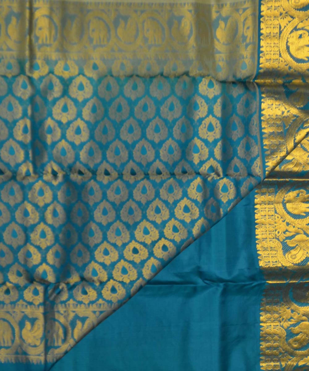 Grey Green Blue Handloom Embossed Work Dharmavaram Silk Saree