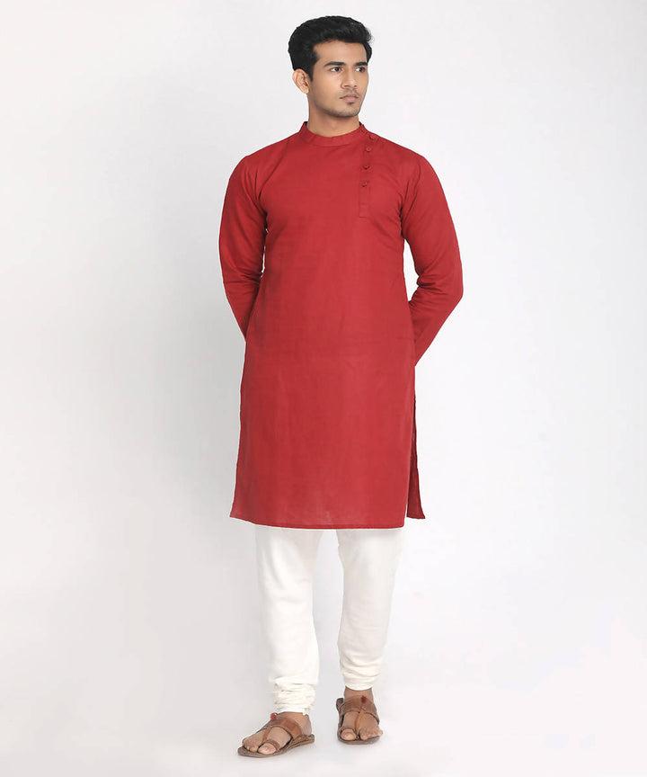 Red cotton straight long kurta with side button