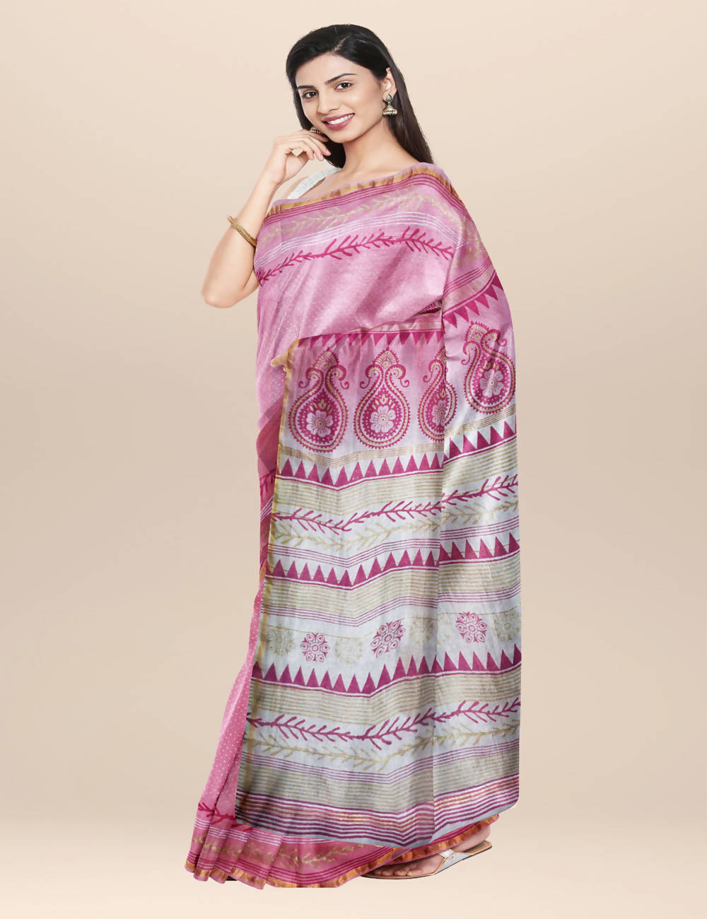 Pink and white Chanderi cotton silk Saree with Hand Block Print