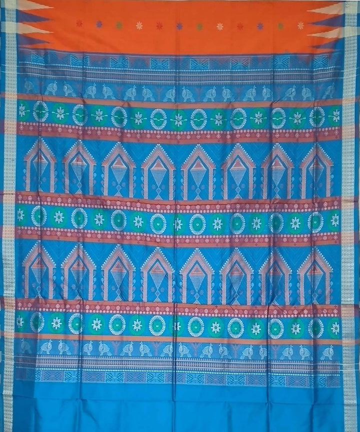 Orange cobalt blue handwoven bomkai silk saree