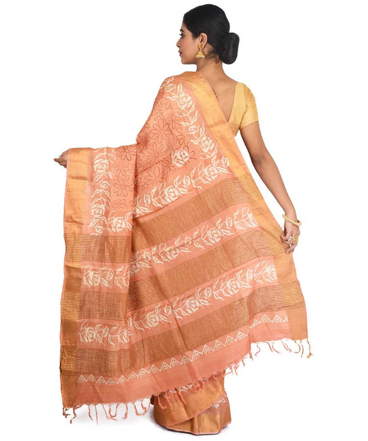 Rust brown hand block print handwoven mulberry and tussar silk saree