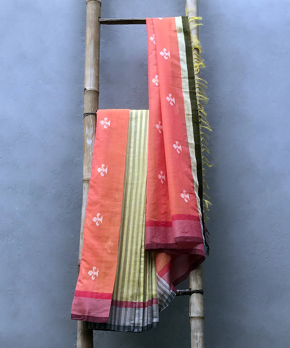 Pink yellow handwoven extra weft silk saree
