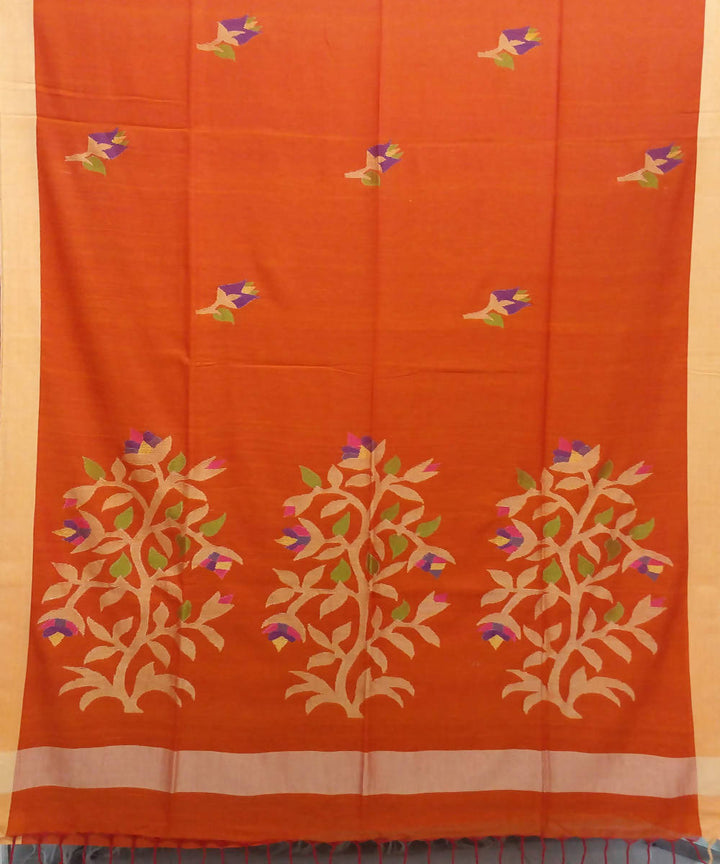 Orange Handloom Mulmul Cotton Jamdani Bengal Saree